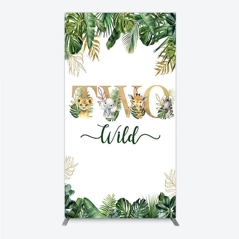 Aperturee - Aperturee Two Wild Safari Animals Birthday Rectangle Backdrop Jungle Tropical Palm Leaves 2nd Birthday Party Background