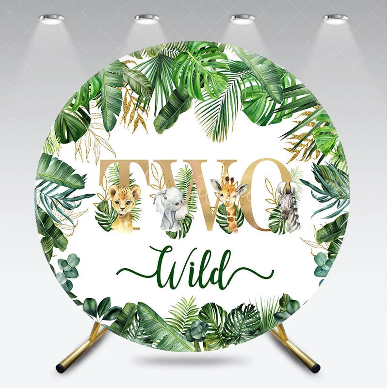Aperturee - Aperturee TWO Wild Safari Animals Round Backdrop Tropical Jungle Leaves 2nd Birthday Party Decoration for Boy or Girl
