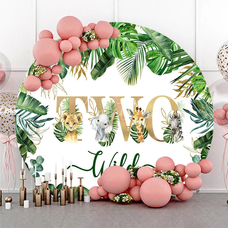 Aperturee - Aperturee TWO Wild Safari Animals Round Backdrop Tropical Jungle Leaves 2nd Birthday Party Decoration for Boy or Girl