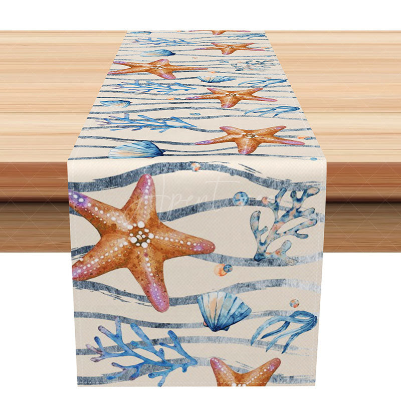 Aperturee - Aperturee Under the Sea Coral and Starfish Table Runner Ocean View Nautical Decor Tropical Beach House Kitchen Linen