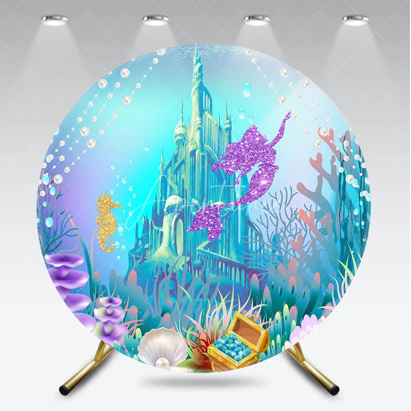 Aperturee - Aperturee Under the Sea Mermaid Round Backdrop Ocean Castle and Treasure Chest Party Decorations