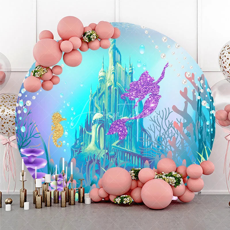 Aperturee - Aperturee Under the Sea Mermaid Round Backdrop Ocean Castle and Treasure Chest Party Decorations