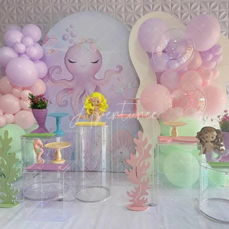 Aperturee - Aperturee Undersea Cute Purple Octopus Birthday Arch Backdrop