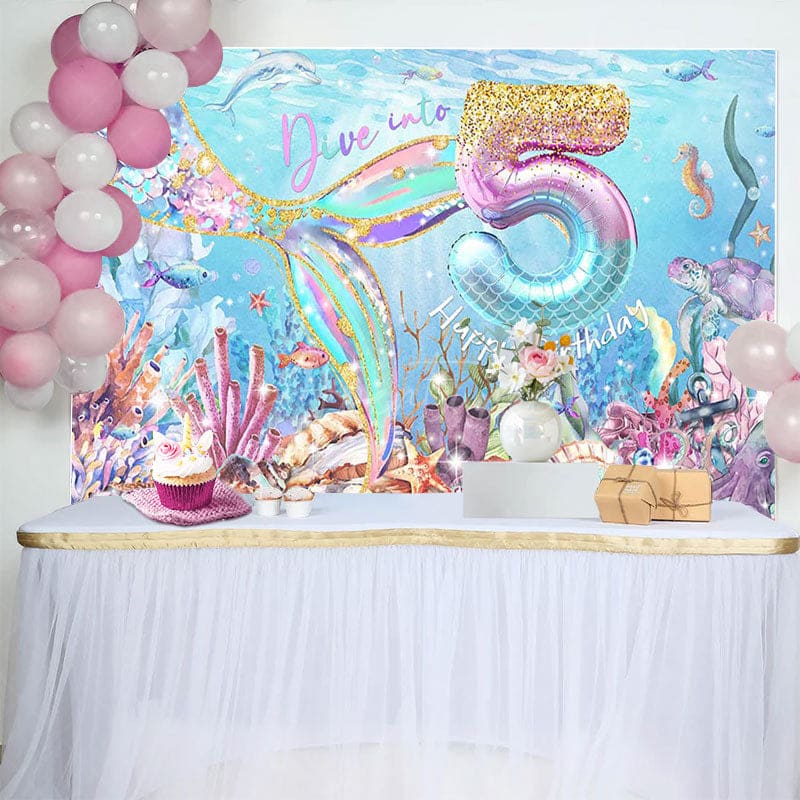 Aperturee - Aperturee Undersea Fairy Mermaid Dive Into 5th Birthday Backdrop