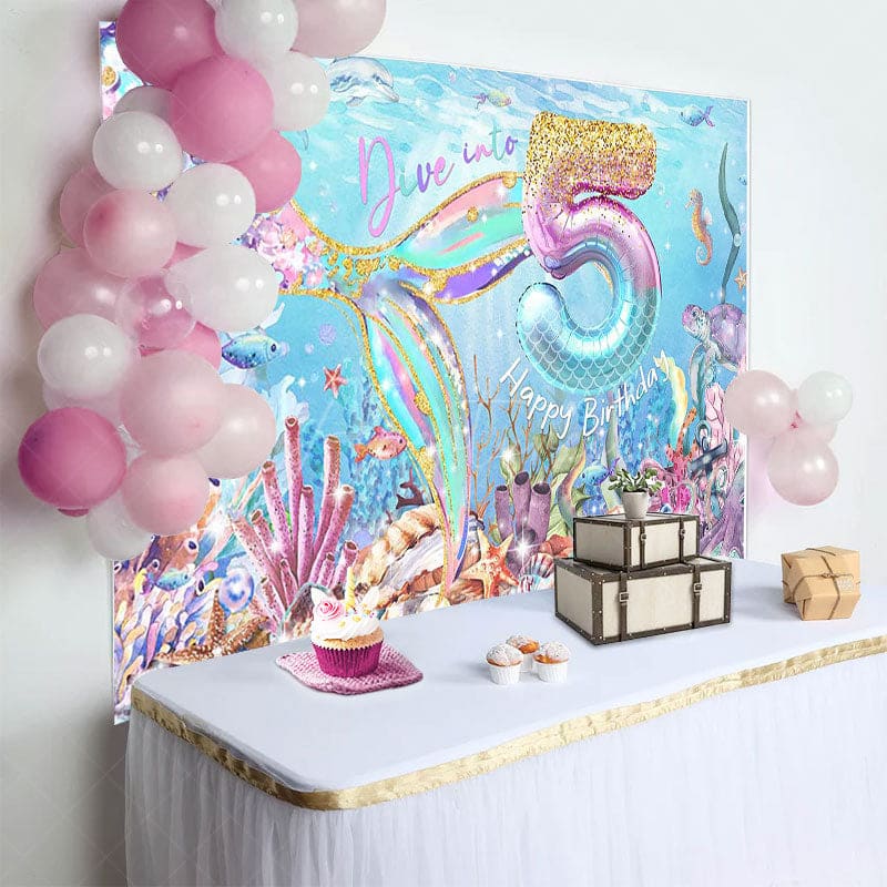 Aperturee - Aperturee Undersea Fairy Mermaid Dive Into 5th Birthday Backdrop