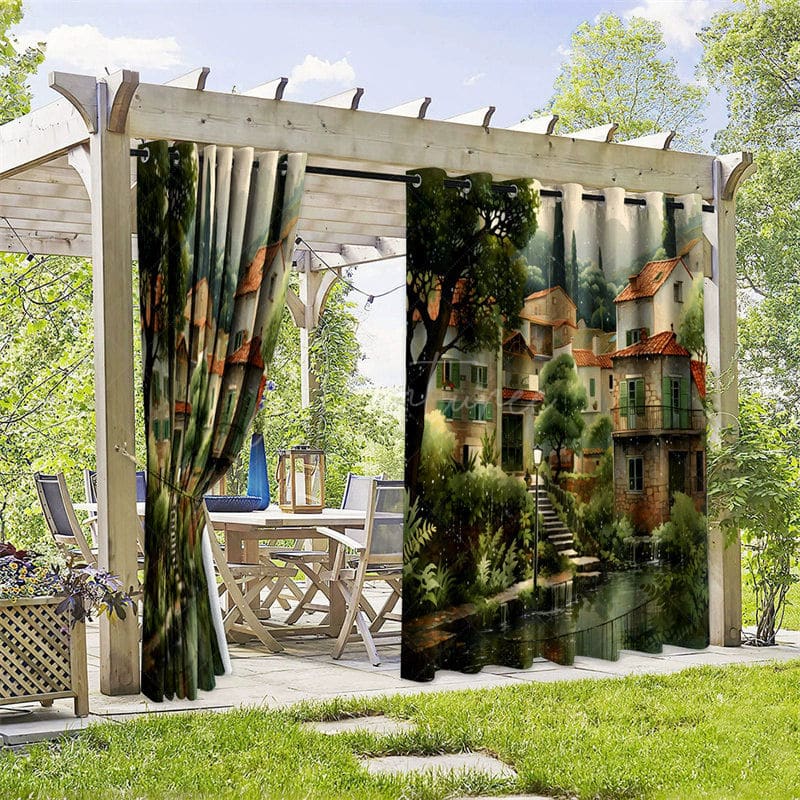 Aperturee - Aperturee Urban Blvd River Waterproof Printed Outdoor Curtains