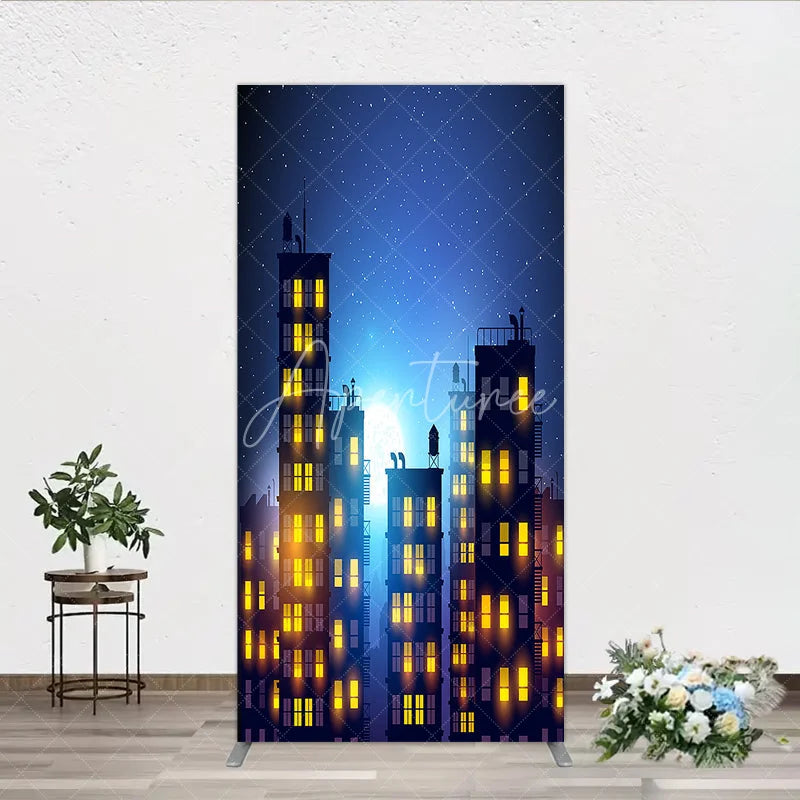 Aperturee - Aperturee Urban Night City Rectangle Arch Backdrop with Glowing Windows Full Moon and Starry Sky Perfect for Evening Events