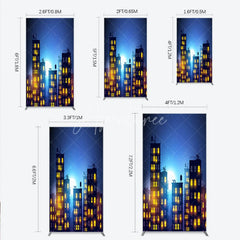 Aperturee - Aperturee Urban Night City Rectangle Arch Backdrop with Glowing Windows Full Moon and Starry Sky Perfect for Evening Events