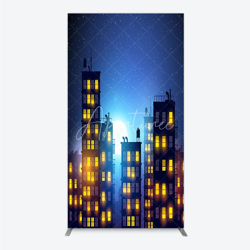 Aperturee - Aperturee Urban Night City Rectangle Arch Backdrop with Glowing Windows Full Moon and Starry Sky Perfect for Evening Events