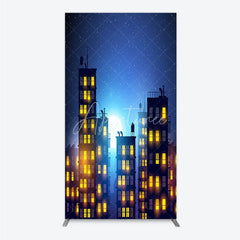 Aperturee - Aperturee Urban Night City Rectangle Arch Backdrop with Glowing Windows Full Moon and Starry Sky Perfect for Evening Events