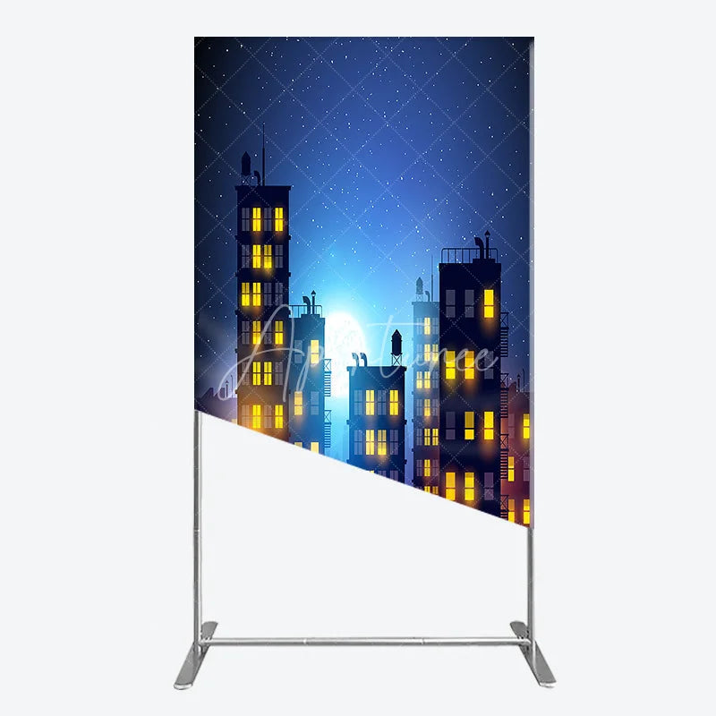 Aperturee - Aperturee Urban Night City Rectangle Arch Backdrop with Glowing Windows Full Moon and Starry Sky Perfect for Evening Events