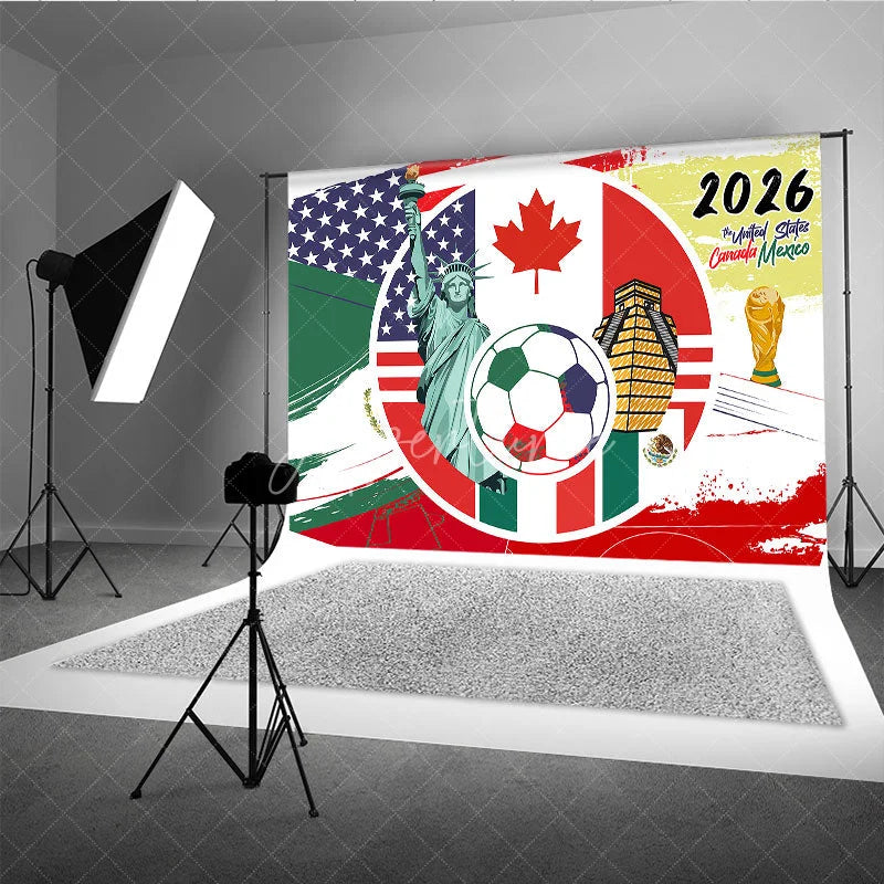 Aperturee - Aperturee USA Canada Mexico 2026 Soccer Event Holiday Backdrop Global Sports Party Decoration with Flags and Golden Trophy