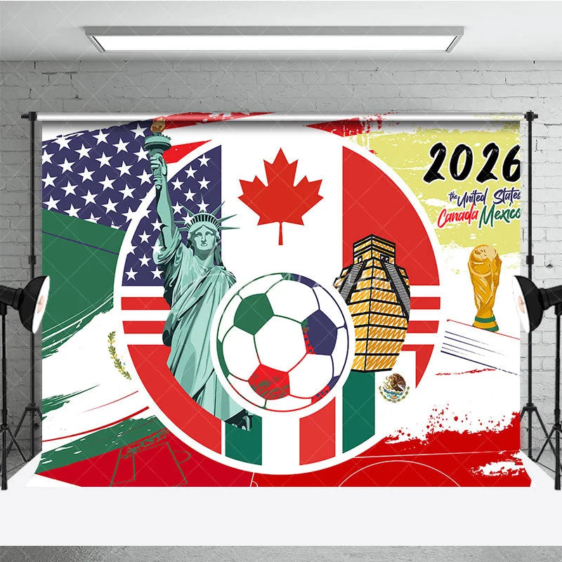 Aperturee - Aperturee USA Canada Mexico 2026 Soccer Event Holiday Backdrop Global Sports Party Decoration with Flags and Golden Trophy