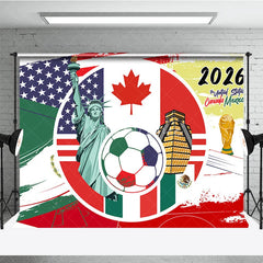 Aperturee - Aperturee USA Canada Mexico 2026 Soccer Event Holiday Backdrop Global Sports Party Decoration with Flags and Golden Trophy
