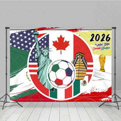 Aperturee - Aperturee USA Canada Mexico 2026 Soccer Event Holiday Backdrop Global Sports Party Decoration with Flags and Golden Trophy