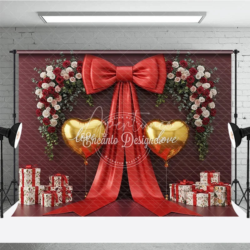 Aperturee - Aperturee Valentine Combo Set Backdrop Large Red Bow Gold Heart Photography Prop Burgundy Floral Wall Photo Background
