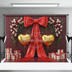 Aperturee - Aperturee Valentine Combo Set Backdrop Large Red Bow Gold Heart Photography Prop Burgundy Floral Wall Photo Background