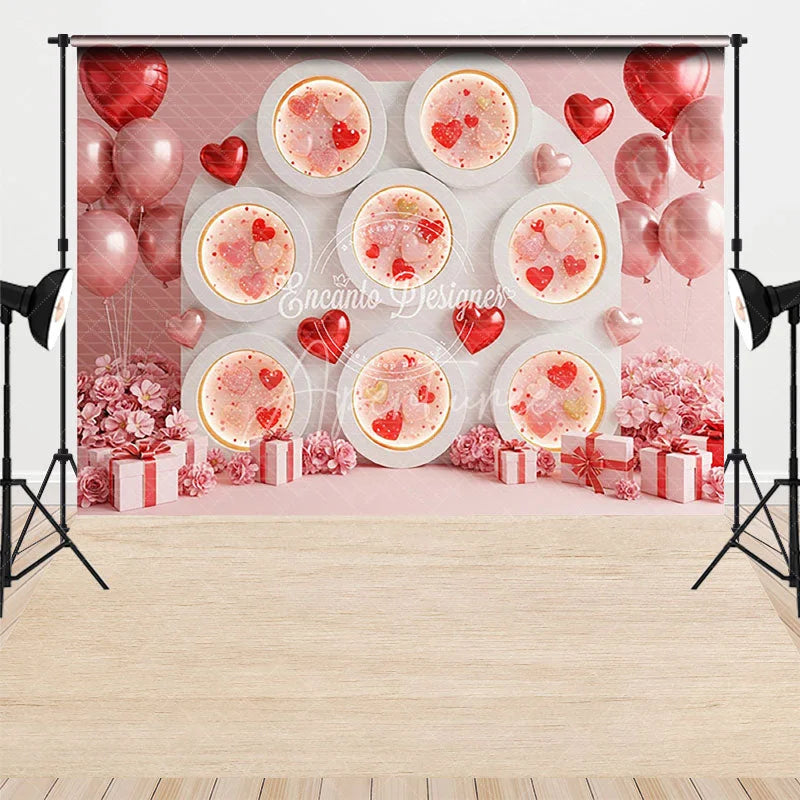Aperturee - Aperturee Valentine Combo Set Backdrop Pink Heart Niche Wall Photography Prop Romantic Balloon Floral Photo Background