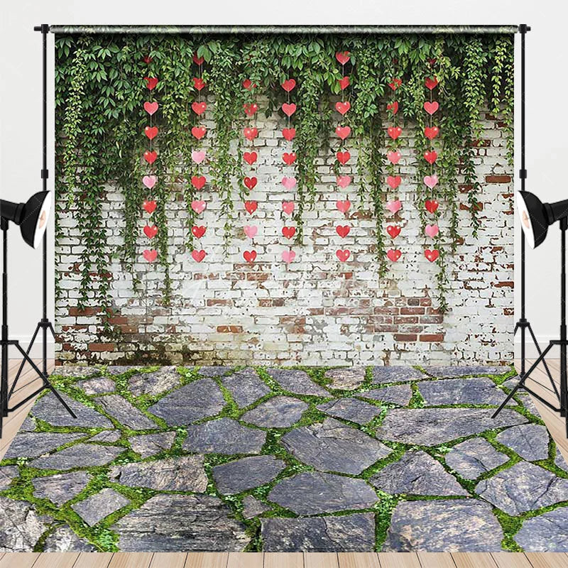 Aperturee - Aperturee Valentine Day Combo Set Backdrop Green Ivy Brick Wall Red Hearts Stone Floor Background Romantic Photography Prop