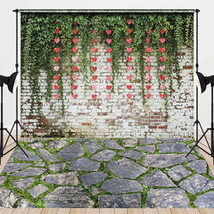 Aperturee - Aperturee Valentine Day Combo Set Backdrop Green Ivy Brick Wall Red Hearts Stone Floor Background Romantic Photography Prop