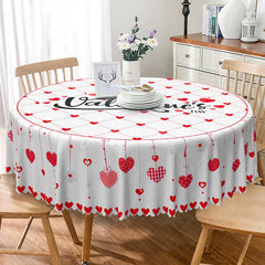 Aperturee - Aperturee Valentine Day Hanging Hearts Round Tablecloth Red Grid Love Text Table Cover Romantic Dinner Home Decor