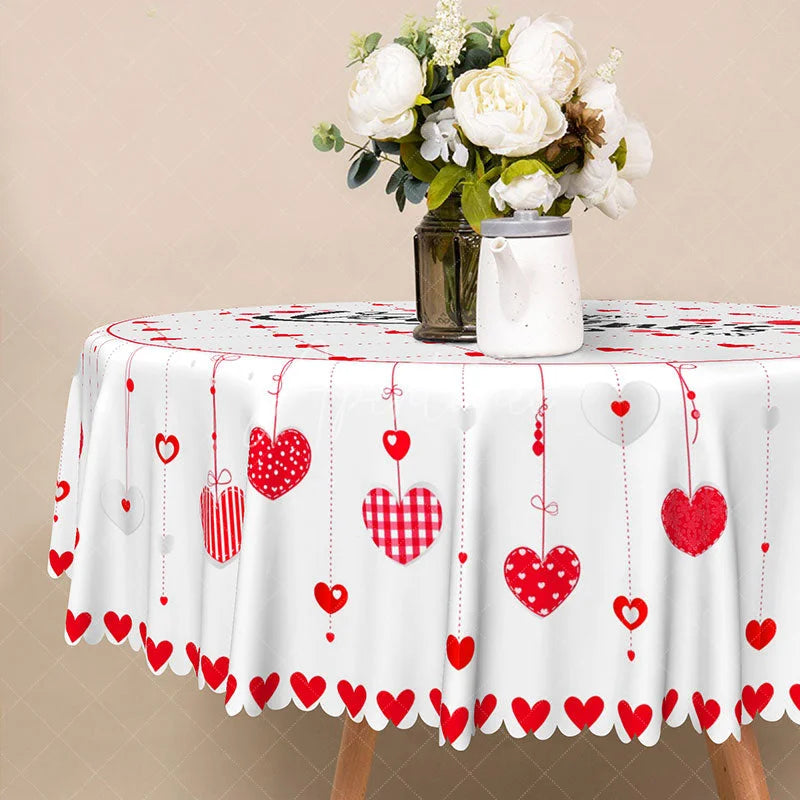 Aperturee - Aperturee Valentine Day Hanging Hearts Round Tablecloth Red Grid Love Text Table Cover Romantic Dinner Home Decor