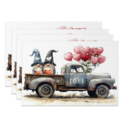 Aperturee - Aperturee Valentine Gnome Blue Truck Set of 4 Placemats Cute Love Heart Decoration Rustic Farmhouse Dining Table Mat