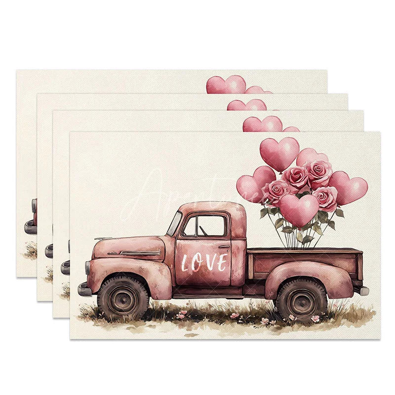 Aperturee - Aperturee Valentine Pink Truck Heart Balloon Set of 4 Placemats Romantic Rose Decoration Love Themed Dining Table Mat