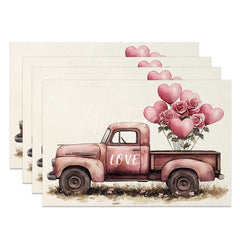 Aperturee - Aperturee Valentine Pink Truck Heart Balloon Set of 4 Placemats Romantic Rose Decoration Love Themed Dining Table Mat