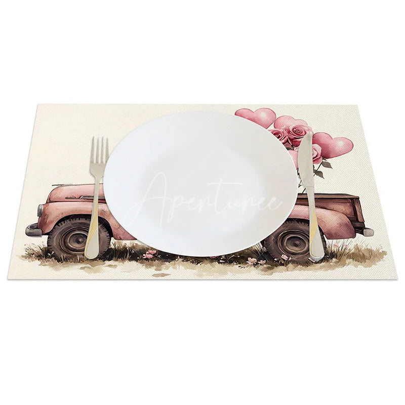 Aperturee - Aperturee Valentine Pink Truck Heart Balloon Set of 4 Placemats Romantic Rose Decoration Love Themed Dining Table Mat