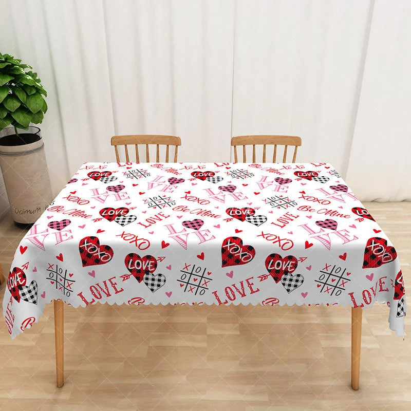 Aperturee - Aperturee Valentine Plaid Heart Typography Rectangle Tablecloth Be Mine XOXO Text Table Cover Rustic Holiday Party Decor