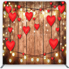 Aperturee - Aperturee Valentine Red Hearts and Wood Tension Fabric Backdrop Rustic Love String Light Photography Background