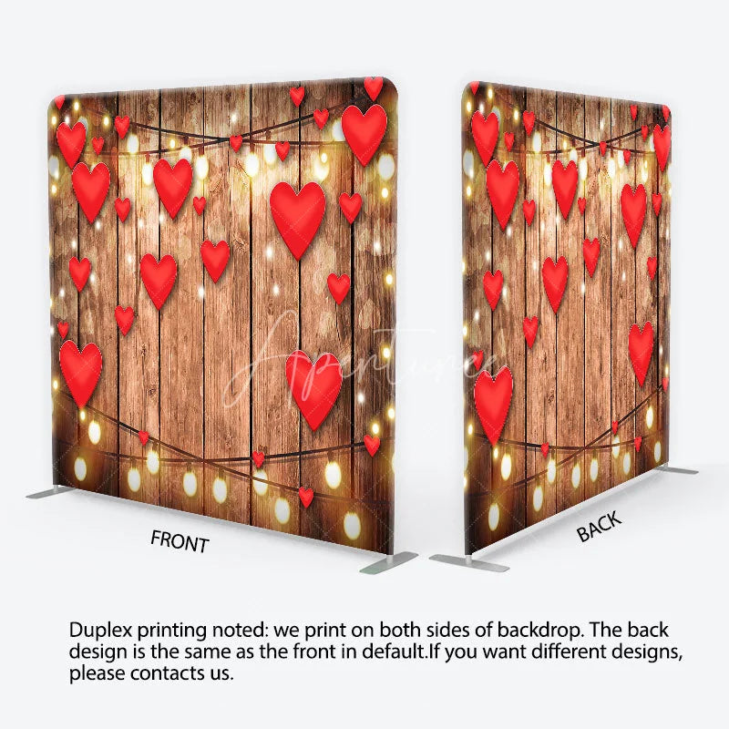 Aperturee - Aperturee Valentine Red Hearts and Wood Tension Fabric Backdrop Rustic Love String Light Photography Background