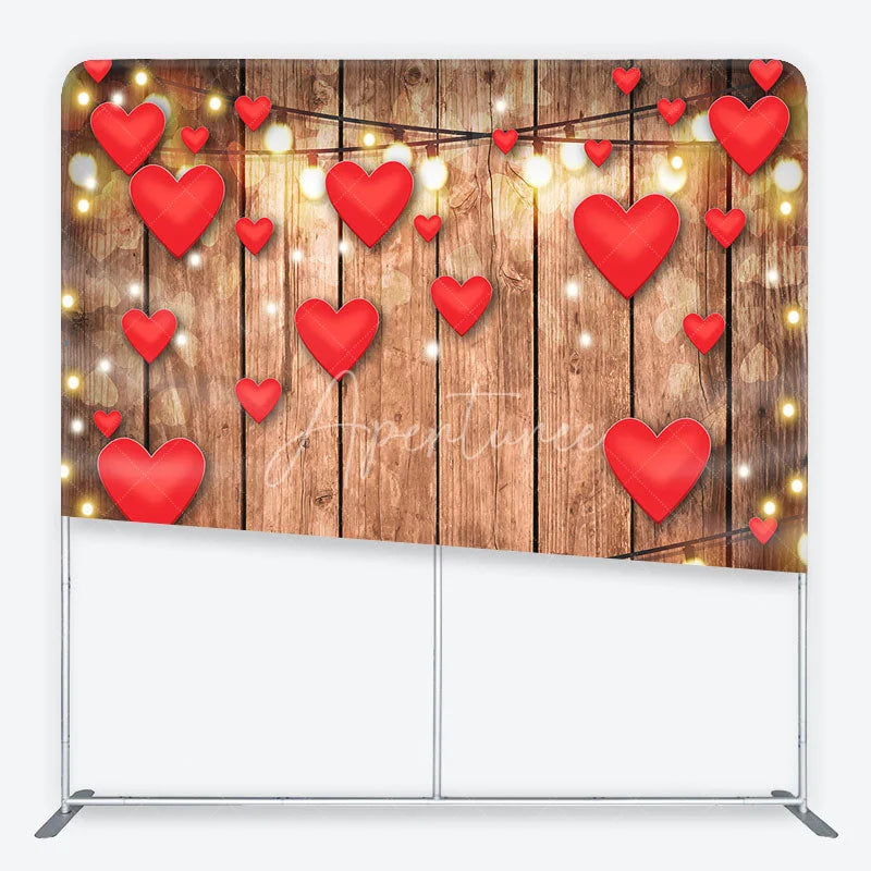 Aperturee - Aperturee Valentine Red Hearts and Wood Tension Fabric Backdrop Rustic Love String Light Photography Background