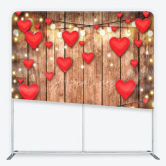 Aperturee - Aperturee Valentine Red Hearts and Wood Tension Fabric Backdrop Rustic Love String Light Photography Background