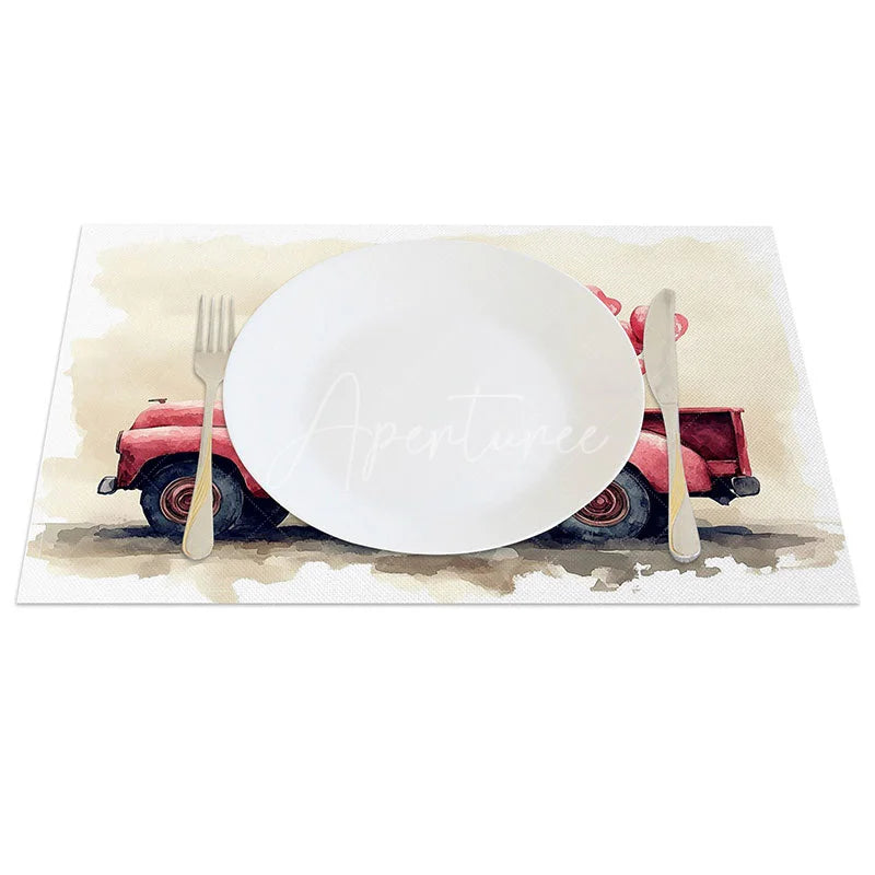 Aperturee - Aperturee Valentine Red Truck Heart Balloon Set of 4 Placemats Love Sign Party Decoration Rustic Romance Table Mat