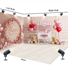 Aperturee - Aperturee Valentine Room Set Backdrop Pink Kisses Stand Teddy Bear Photography Prop Love Floral Wall Photo Background