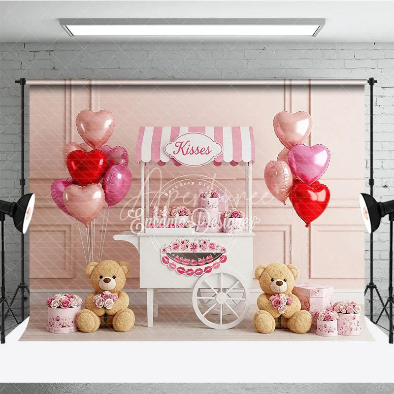 Aperturee - Aperturee Valentine Room Set Backdrop Pink Kisses Stand Teddy Bear Photography Prop Love Floral Wall Photo Background