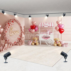 Aperturee - Aperturee Valentine Room Set Backdrop Pink Kisses Stand Teddy Bear Photography Prop Love Floral Wall Photo Background