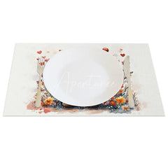 Aperturee - Aperturee Valentine Set of 4 Placemats Cute Gnome Orange Hat Holding Red Heart Garden Love Theme Table Mats