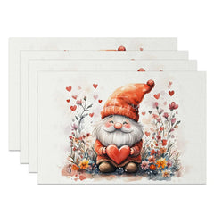 Aperturee - Aperturee Valentine Set of 4 Placemats Cute Gnome Orange Hat Holding Red Heart Garden Love Theme Table Mats