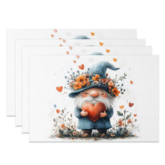Aperturee - Aperturee Valentine Set of 4 Placemats Gnome Blue Hat with Flowers Holding Heart Rustic Farmhouse Table Mats