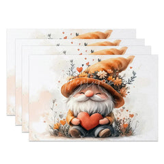 Aperturee - Aperturee Valentine Set of 4 Placemats Gnome Orange Floral Hat Holding Red Heart Sweet Love Dining Table Mats
