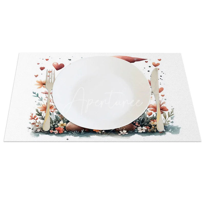Aperturee - Aperturee Valentine Set of 4 Placemats Gnome Pink Flower Hat Holding Heart Pastel Romantic Dining Table Mats