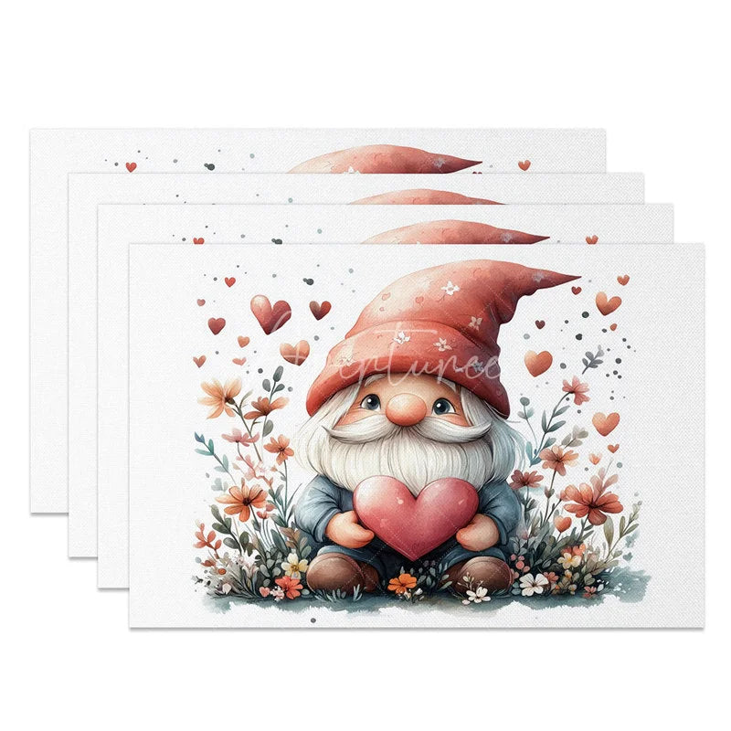 Aperturee - Aperturee Valentine Set of 4 Placemats Gnome Pink Flower Hat Holding Heart Pastel Romantic Dining Table Mats
