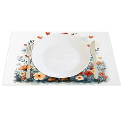 Aperturee - Aperturee Valentine Set of 4 Placemats Gnome Tall Orange Hat Holding Heart Floral Love Theme Dining Table Mats
