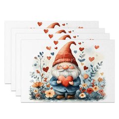 Aperturee - Aperturee Valentine Set of 4 Placemats Gnome Tall Orange Hat Holding Heart Floral Love Theme Dining Table Mats