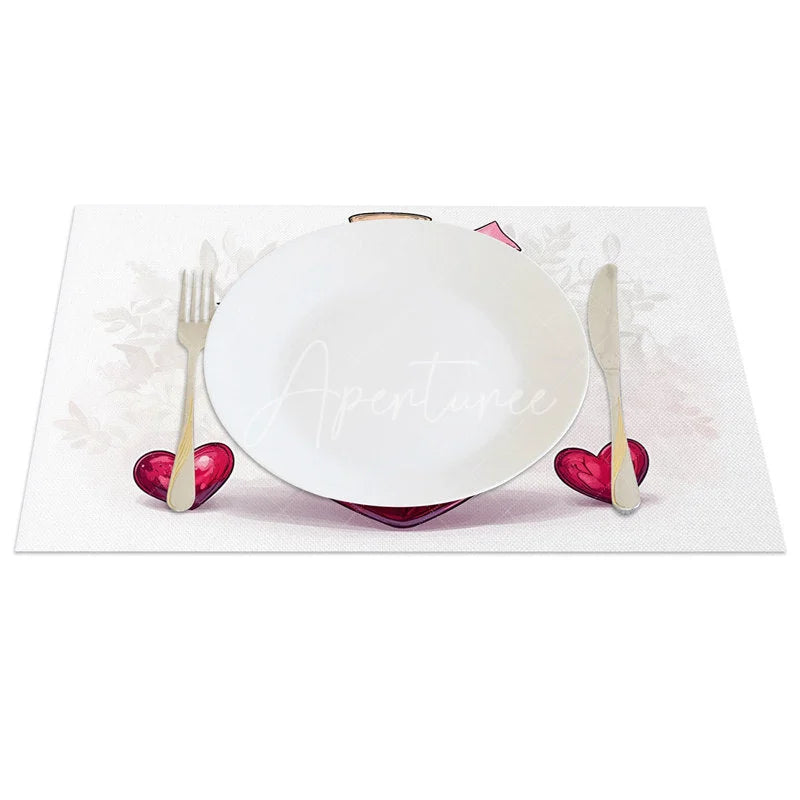 Aperturee - Aperturee Valentine Set of 4 Placemats Heart Shaped Glass Bottle Red Love Liquid Ribbon Dining Decor
