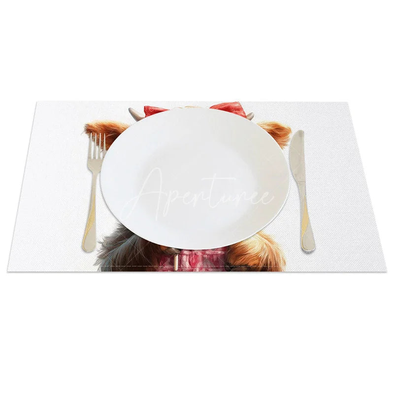 Aperturee - Aperturee Valentine Set of 4 Placemats Highland Cow Heart Sunglasses Red Bow Lollipop Cute Animal Table Mats