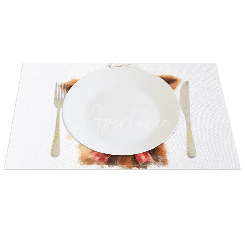 Aperturee - Aperturee Valentine Set of 4 Placemats Highland Cow Heart Sunglasses Red Plaid Bow Cute Animal Table Mats